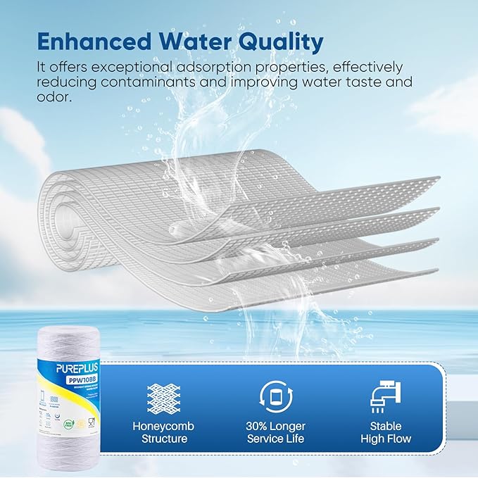 PUREPLUS 5 Micron 10 x 4.5 Whole House String Wound Sediment Filter for Well Water, Replacement Cartridge for 84637, WPX5BB97P, PC10, 355214-45, 355215-45, WP10BB97P, WP5BB97P, 4Pack
