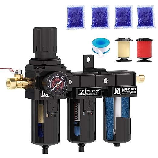 NEWPO 3/8" NPT 3 Stage Air Dryer for Compressor, Air Drying System with 5＆0.01 Micron Filter Cartridge，Desiccant Dryer & Air Regulator, Metal Bowl Semi-Auto Drain