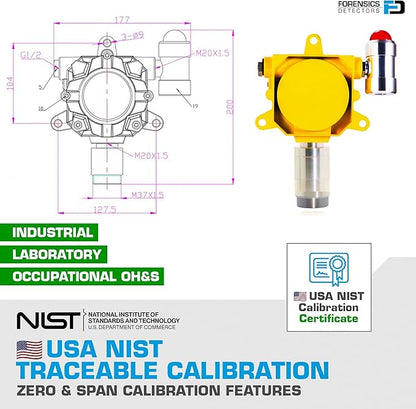 Hydrogen Gas Detector for Battery Room Monitoring by Forensics | Wall Mount Continuous Monitoring | USA NIST traceable Calibration | Adjustable Alarms | Relay Output | 0-1000 ppm |