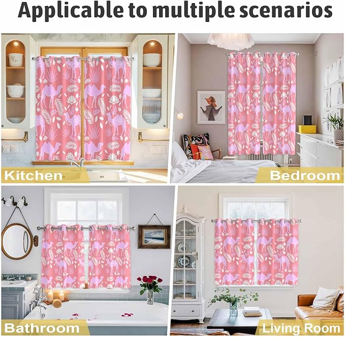 2 Panel Kitchen Cafe Curtains, Desert Camel Sunlight Filtering Nature Air Through, Home Decor Window Covering Tier Curtains for Bedroom Living Room Vintage Sand Camel Leaves Flower Pattern Pink