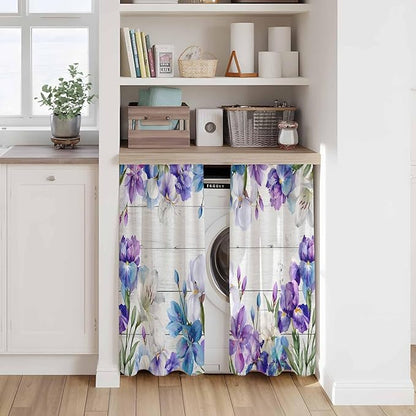 Spring Flowers Kitchen Curtains, Watercolor Garden Florals Wooden Grain Light Filtering Window Curtain Panels, 2Pcs Rod Pocket Window Treatments Set for Study Room Bathroom Bedroom 52x54 Inches