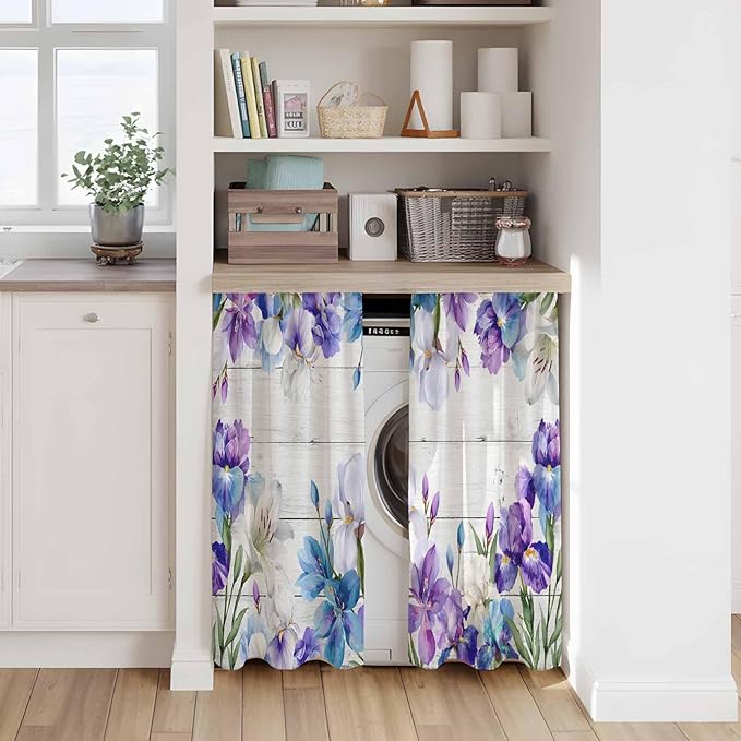Spring Flowers Tier Curtains, Watercolor Garden Florals Wooden Grain Light Filtering Kitchen Curtains, 2Pcs Rod Pocket Half Window Treatments Panels for Sink Cafe Cabinet Basement 27.5x45 Inches
