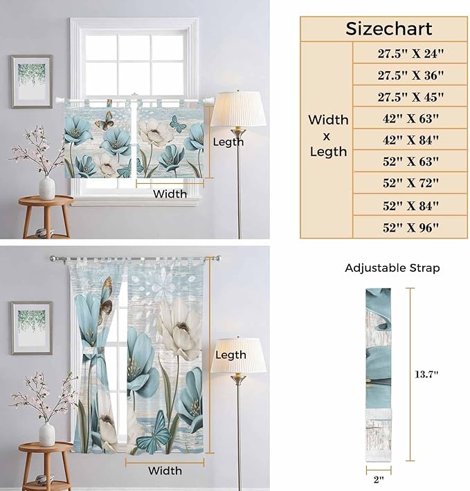 Spring Floral Bathroom Curtains 63 Inch Length, Window Curtains Tab Top, Vintage Tulips Flower Butterfly Retro Wood Blue Light Filtering Window Treatments Drapes 52"x63" 2 Panel