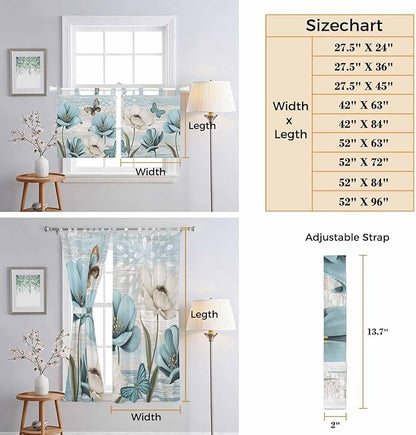 Spring Floral Bedroom Curtains 72 Inch Length, Window Curtains Tab Top, Vintage Tulips Flower Butterfly Retro Wood Blue Light Filtering Window Treatments Drapes 52"x72" 2 Panel