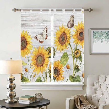 Yellow Sunflowers Living Room Curtains 84 Inch Length, Window Curtains Tab Top, Vintage Country Flowers Butterfly Wood Board Light Filtering Window Treatments Drapes 42"x84" 2 Panel