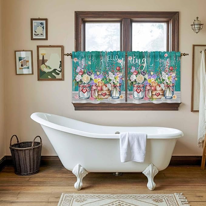 Spring Flowers Tier Curtains, Farmhouse Watercolor Teal Wood Grain Light Filtering Kitchen Curtains, 2Pcs Rod Pocket Half Window Treatments Panels for Sink Cafe Cabinet Camper 27.5x36 Inches