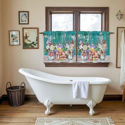 Spring Flowers Tier Curtains, Farmhouse Watercolor Teal Wood Grain Light Filtering Kitchen Curtains, 2Pcs Rod Pocket Half Window Treatments Panels for Sink Cafe Cabinet Camper 27.5x36 Inches