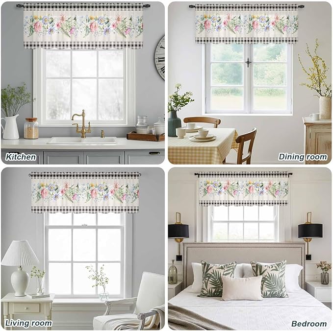 Blue Pink Floral Sheer Valance Curtains, Spring Summer Botanical Linen Black Plaid Light Filtering Kitchen Valances Rod Pocket Voile Curtain Window Treatment for Bedroom/Living Room/Basement 42Wx12L