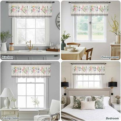 Blue Pink Floral Sheer Valance Curtains, Spring Summer Botanical Linen Black Plaid Light Filtering Kitchen Valances Rod Pocket Voile Curtain Window Treatment for Bedroom/Living Room/Basement 42Wx12L