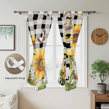 Sunflowers Bedroom Curtains 72 Inch Length, Window Curtains Tab Top, Yellow Flowers Butterfly Farmhouse Black Plaid Light Filtering Window Treatments Drapes 52"x72" 2 Panel