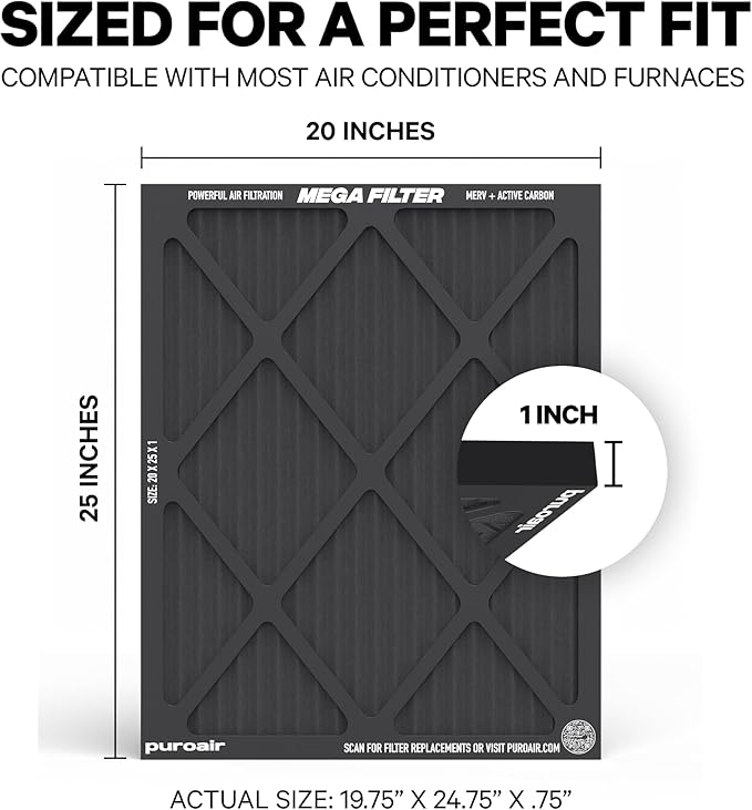 PuroAir MegaFilter - 20x25x1 Air Filter MERV 13 Activated CarbonTech Defense - Heavy Duty 3 Layer Furnace Filters Allergens, Pollen, Dust, Pet Dander, Smoke, Odors - HVAC Air Filter 20x25x1 (1-Pack)