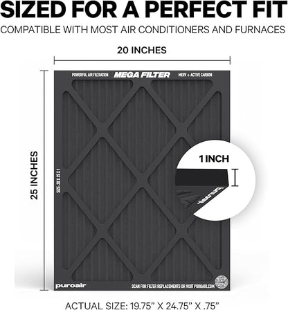 PuroAir MegaFilter - 20x25x1 Air Filter MERV 13 Activated CarbonTech Defense - Heavy Duty 3 Layer Furnace Filters Allergens, Pollen, Dust, Pet Dander, Smoke, Odors - HVAC Air Filter 20x25x1 (1-Pack)