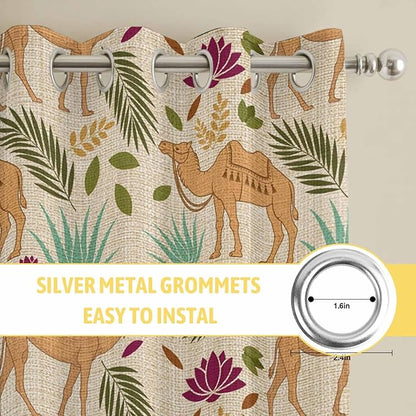 2 Panel Kitchen Cafe Curtains, Desert Camels Sunlight Filtering Nature Air Through, Home Decor Window Covering Tier Curtains for Bedroom Living Room Vintage Sand Animals Aloe Vera Leaves Beige