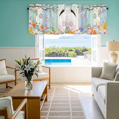 Easter Curtain Valances for Windows, Kitchen Valance Window Treatment, Spring Watercolor Bunny Eggs Wood Grain Teal Blue Light Filtering Block Curtains for Bathroom/Bedroom/Living Room 42'' x 18''