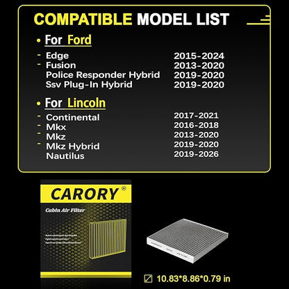 Cabin Air Filter w/Activated Carbon for Ford Edge 2015–2024, Fusion 2013–2020, Lincoln Continental 2017–2020, MKX 2016–2018, MKZ 2013–2020, Nautilus 2019–2023 and More