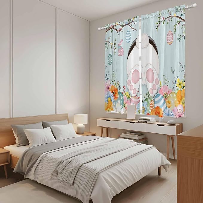Easter Bunny Window Curtains 63 Inch Long 2 Panel Set,Rod Pocket Bedroom Curtains & Drapes,Easter Eggs Spring Farmhouse Wood Grain Teal Blue Light Filtering Window Treatment 42"W x 63"L