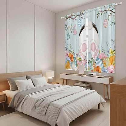 Easter Bunny Window Curtains 63 Inch Long 2 Panel Set,Rod Pocket Bedroom Curtains & Drapes,Easter Eggs Spring Farmhouse Wood Grain Teal Blue Light Filtering Window Treatment 42"W x 63"L