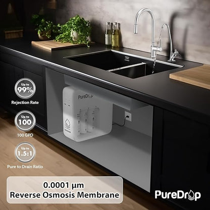 PDR-100RO 3-Stage Under Sink Reverse Osmosis Drinking Water Filtration System, 100 GPD Fast Flow Built-in Tank RO Water Filter System, Reduce PFAS