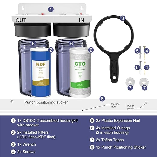 SimPure Whole House Water Filter System, 2 Stages Clear Home Water Pre-Filtration with Carbon and KDF Filters, Reduce Iron, Chlorine, Manganese, Heavy Metals, 1" NPT Brass Port(DB10C-2KDF)