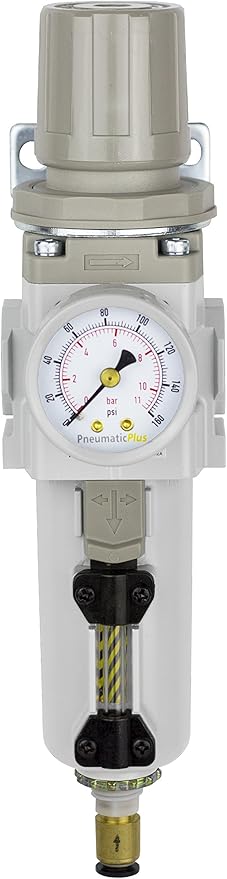 PneumaticPlus SAW300-N03BDG-MEP Compressed Air Filter Regulator Piggyback Combo 3/8" NPT - Metal Bowl, Auto Drain, Bracket, Gauge