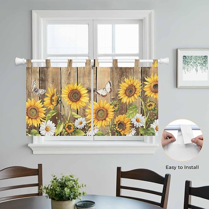 Farmhouse Sunflowers Kitchen Curtains 24 Inch Length, Small Window Curtains Tab Top, Rustic Floral Buttterfly Wood Board Brown Light Filtering Short Window Treatments Tier Drapes 27.5"x24" 2 Panel