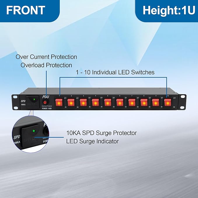 10 Outlets 1U Horizontal PDU Network Rackmount Power Strip with Surge Protector, (SPD-10KA) 100-240V,15A 3600 Joules, w/10 LED Switches and 6ft 14 AWG Cord