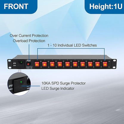 10 Outlets 1U Horizontal PDU Network Rackmount Power Strip with Surge Protector, (SPD-10KA) 100-240V,15A 3600 Joules, w/10 LED Switches and 6ft 14 AWG Cord
