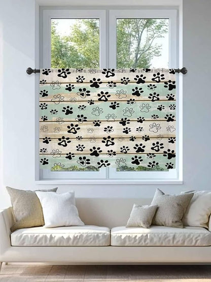 Sheer Curtains 45 Inch Length, Sage Green Beige Farmhouse Semi Sheer Curtains Light Filtering Window Treatment, Black Dog Paw Vintage Wooden Privacy Voile Drapes for Living Room Bedroom 52x45 Inch