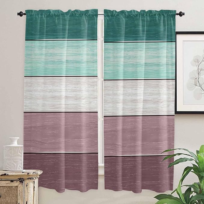 Retro Farm Woodcuts Texture Window Valance Curtains, Green Brown Gradient Light Filtering Kitchen Valance with 3-inch Rod Pocket for Living Room Bathroom Bedroom,2 Panel,52x72In