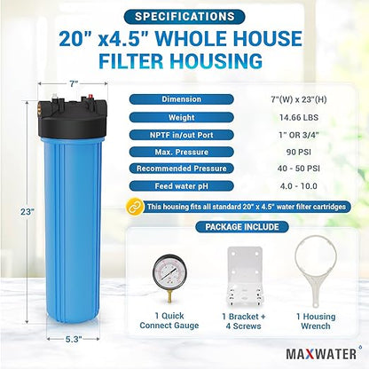 Max Water 20" x 4.5" Whole House Water Filter Housing (WHB20), 20" Sediment Carbon Filter Universal Housing (DB20P), Big Filter Blue Pre-Filtration System for Well Water, 1" NPT Port, Pressure Release