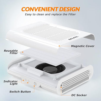 Professional Nail Dust Collector, Adjustable Nail Dust Collector for Acrylic Nails , Electric Nail Vacuum Fan, Low Noise, Dust Collector for Nail Polishing &Salon.White.