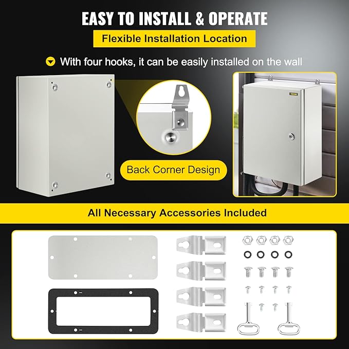 VEVOR Electrical Enclosure Box, 16'' ×12'' ×6'', Carbon Steel Hinged Junction Box, IP66 Waterproof & Dustproof, Outdoor Electrical Box, with Mounting Plate