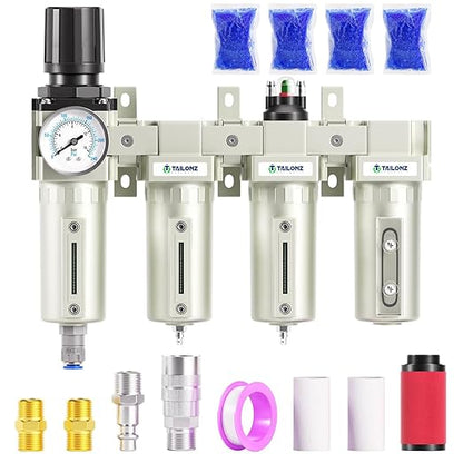 TAILONZ PNEUMATIC 3/4 Inch NPT 0-240 PSI Industrial Grade 4 Stage Air Drying System, Double Particulate Filter, Coalescing Filte,Desiccant Dryer and Air Regulator (Automatic Drainage）