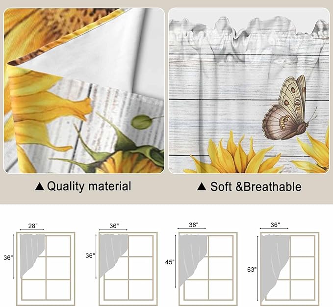 Yellow Sunflowers Swag Valances for Windows, Vintage Country Flowers Butterfly Wood Board Rod Pocket Kitchen Curtains Valance, Small Window Curtains Swag for Cafe Living Room, 2 Panels, 36x36 inch