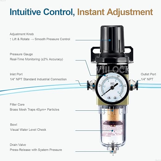 1/4" NPT Air Compressor Filter Regulator Combo, Water Separator Air Pressure Regulator with Gauge AW2000-02