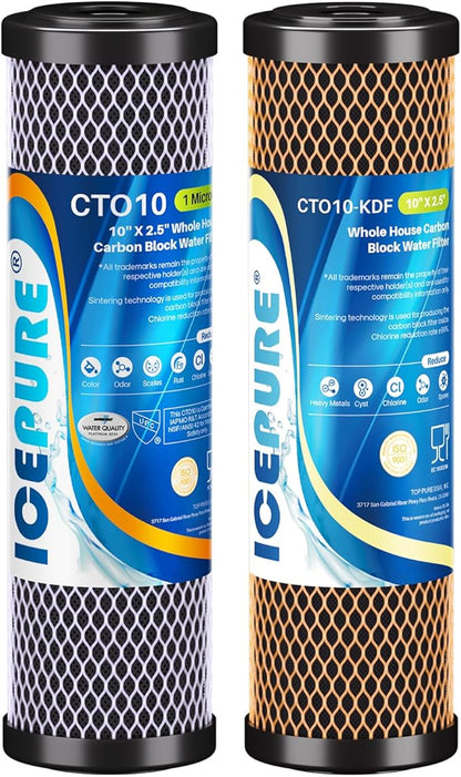 ICEPURE 2-Stage 1 Micron 2.5" x 10" Whole House Water Filter Cartridge Kit with Activated Carbon Block Filter and KDF, Replacement for WFPFC8002, WFPFC9001, SCWH-5, WHCF-WHWC, FXWTC, CBC-10, 1 PACK