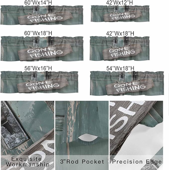 Gone Fishing Valances for Windows, Bronze Wood Grain Kitchen Valance Light Filtering Rod Pocket Short Curtains for Kitchen Bathroom, 1 Panel, 56"x16"
