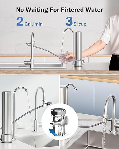 Frizzlife SS99 Countertop Water Filter System, NSF 42&372 Certified 6-Stage Stainless Steel Water Filter for Sink Faucet Reduces 99.99% Lead, Chlorine, Heavy Metals, 8000 Gallons (1 Filter)