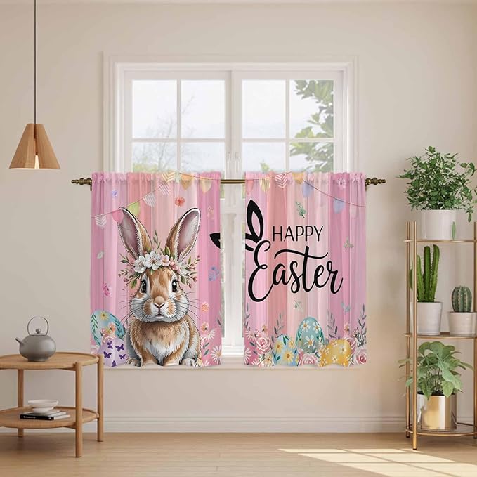 Easter Tier Curtains, Spring Rabbit Eggs Flowers Flags Leaves Wood Grain Light Filtering Kitchen Curtains, 2Pcs Rod Pocket Half Window Treatments Panels for Sink Cafe Cabinet Basement 27.5x45 Inches
