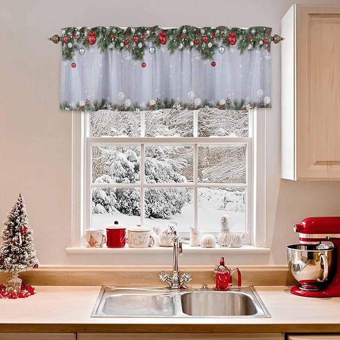 Christmas Curtain Valances for Windows, Kitchen Valance Window Treatment, Winter Xmas Balls Pine Branches Wooden Grain Light Filtering Block Curtains for Bathroom/Bedroom/Living Room 42'' x 18''
