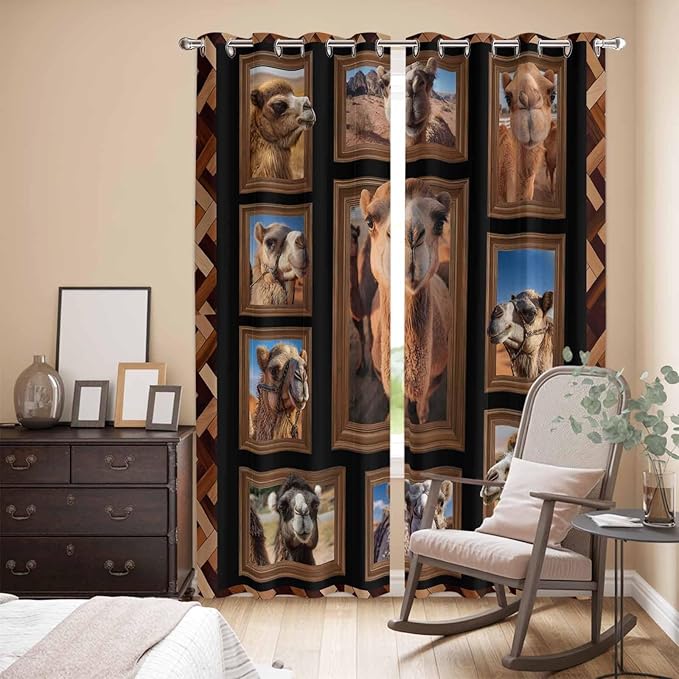2 Panel Kitchen Cafe Curtains, Desert Camels Sunlight Filtering Nature Air Through, Home Decor Window Covering Tier Curtains for Living Room 104W x 90L inch Brown Wildlife Farmhouse Animals Rustic