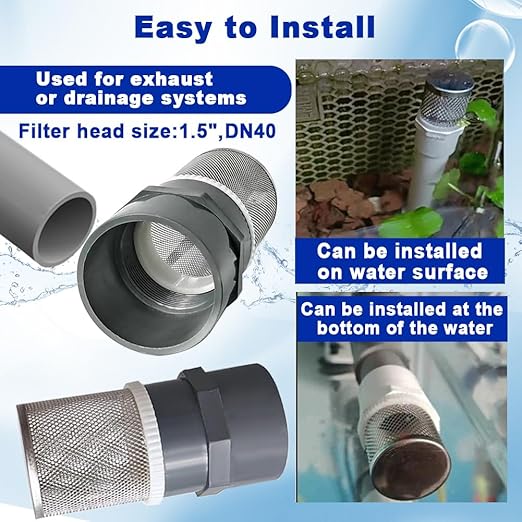 1.5" Stainless Steel Filter Cover Connected to 1.5 inch/DN40 Grey PVC Filter Water Pipe, Suction Strainers Used to Remove Debris and Reduce Solid Entry（1pcs）