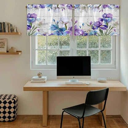 Spring Flowers Tier Curtains, Watercolor Garden Florals Wooden Grain Light Filtering Kitchen Curtains, 2Pcs Rod Pocket Half Window Treatments Panels for Sink Cafe Cabinet Camper 27.5x36 Inches