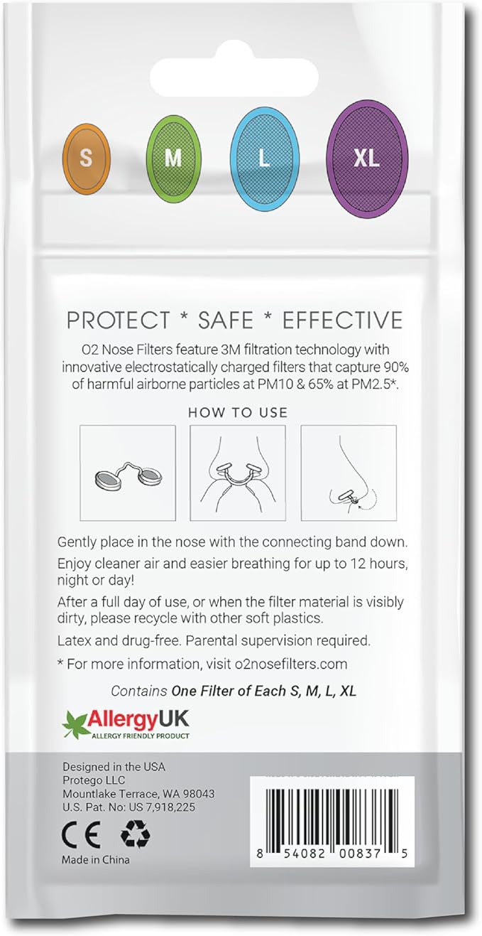 O2 Nose Filters with 3M Filtration - Nasal Screens for Allergies, Dust & Smoke - Drug-Free & Latex-Free Nose Filters - Invisible Allergy Protection (Trial Pack 4 Sizes)