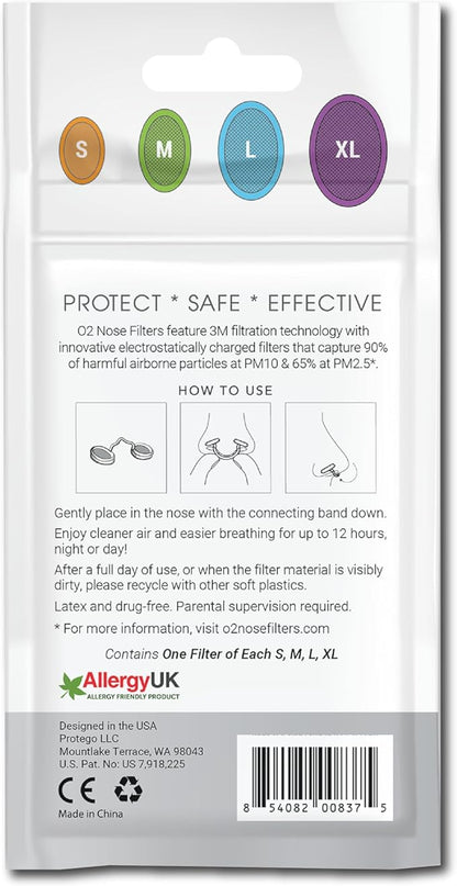 O2 Nose Filters with 3M Filtration - Nasal Screens for Allergies, Dust & Smoke - Drug-Free & Latex-Free Nose Filters - Invisible Allergy Protection (Trial Pack 4 Sizes)