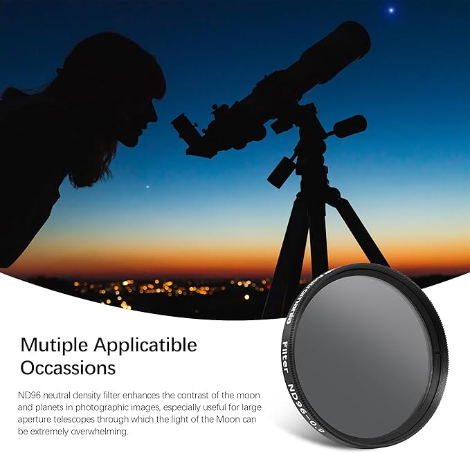 Astromania Telescope Moon Filter 2 inch, Neutral Density Telescope Filter ND96-0.9 with 13% Light Transmission Reduces Moon Glare&Enhances Lunar Crater Detail, Work with Telescope Accepts 2" Eyepieces