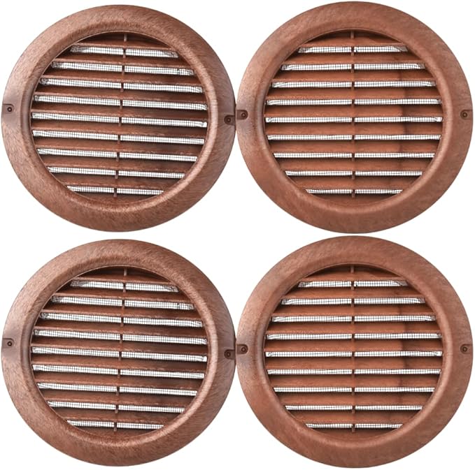 VENTS-US - 4" Brown Round Plastic Vent Cover with Built-in Insect Screen Mesh for Air Supply or Exhaust Air Applications - Compatible with 4 Inch Diameter Ducts (4-Pack)