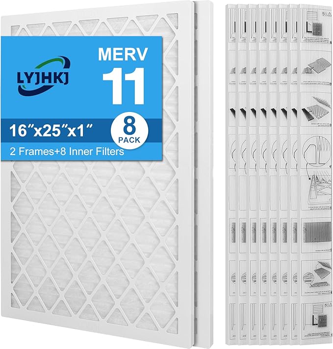 16x25x1 MERV 11 Air Filter, Quality AC/HVAC Furnace Filter，2 Reusable ABS Frame + 8 Pack Replaceable Filter Media，Breathe Fresher and Cost-effective