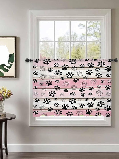 Sheer Curtains 45 Inch Length, Pink Beige Paw Print Semi Sheer Curtains Light Filtering Window Treatment, Vintage Farmhouse Country Wooden Grain Privacy Voile Drapes for Living Room Bedroom 52x45 Inch