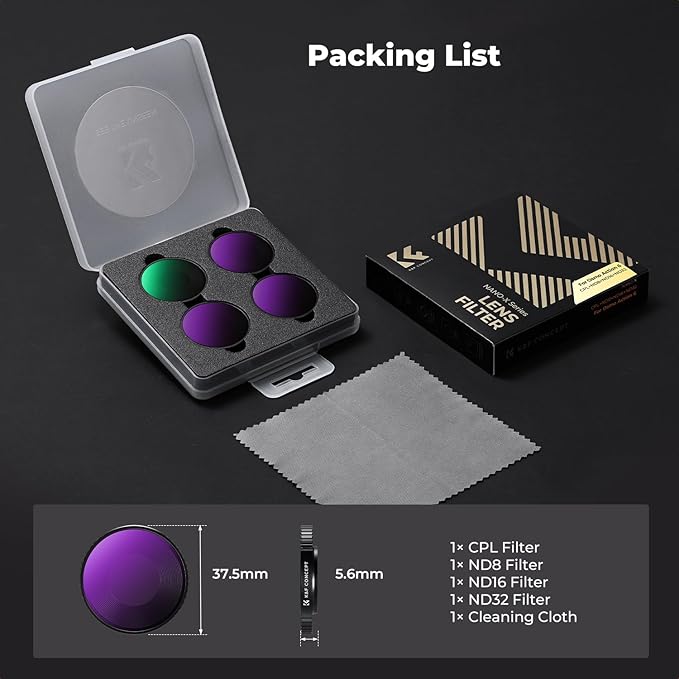 K&F CONCEPT ND Filter Kit Compatible with DJI Osmo Action 6, 4 Pack CPL ND8 ND16 ND32 Screw On Polarizing Neutral Density Filters HD Optical Glass/Multi-Coated Action Camera Accessories